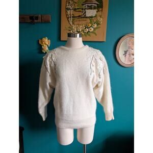 Vintage carducci wool and angora sweater with applique beaded pearls in white